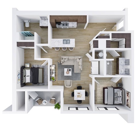 Floor plan for 2 beds, 2 baths, 982 sqft